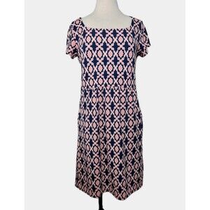 Charter Club Sheath Dress Square Neck Pockets Pink/Navy Stretch Womens PM Geo